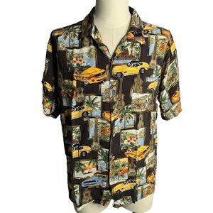 Islander Button Up Hawaiian Camp Shirt L Black Cars Short Sleeve Pocket Rayon